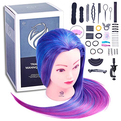 Cabeza de Maniquí, SIGHTLING 66cm/26" 100% Cabello Sintético Practicas Formación Muñeca de la Cosmetología práctica maniquí muñeca para Peluquería con Soporte + Accesorios de Peinado DIY