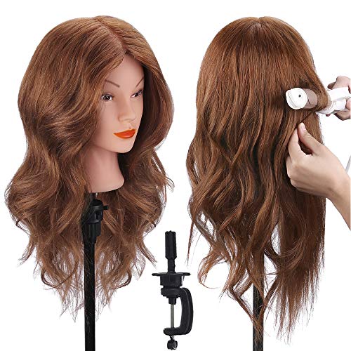 Cabeza de Maniquí, TopDirect 18" 100% Cabello Humano Real Practicas Formación Muñeca de la Cosmetología para Peluquería, Cabeza de Muñeca con Soporte de Mesa + Accesorios de Peinado