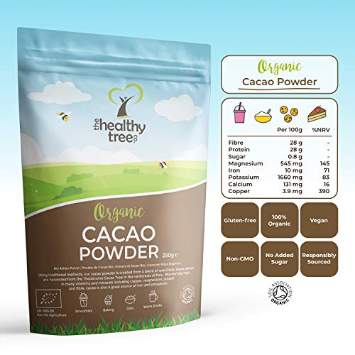 Cacao Crudo Orgánico en Polvo de TheHealthyTree Company para Yogur, Batidos y Repostería - Alto Contenido de Proteínas, Magnesio, Fibra y Potasio - Sin Azúcar, Polvo de Cacao Vegano (250 g)