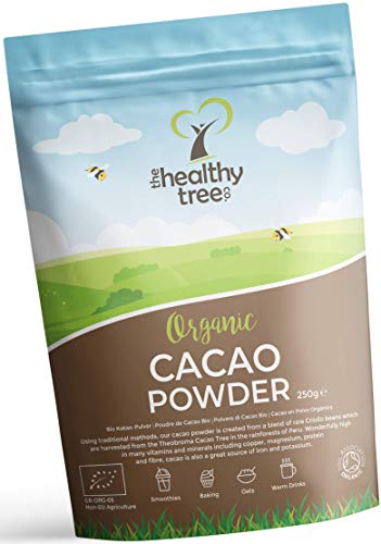 Cacao Crudo Orgánico en Polvo de TheHealthyTree Company para Yogur, Batidos y Repostería - Alto Contenido de Proteínas, Magnesio, Fibra y Potasio - Sin Azúcar, Polvo de Cacao Vegano (250 g)