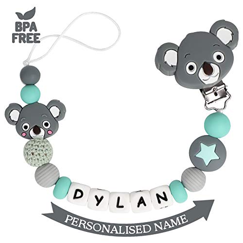 Cadena Para Chupetes Personalizado Para Bebe con Nombre Silicona Clips de Chupete Soothie Clip Corona Mordedor Sin BPA (Gris)