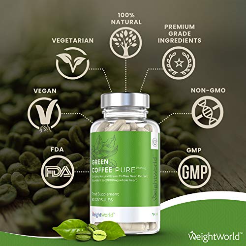 Café Verde Puro, Potente Fórmula 7000 mg - Suplemento Para Perder Peso y Antioxidante, Quemagrasas Natural, Reactiva Metabolismo Para Adelgazar, Green Coffee Puro, Dieta Keto, Vegano, 90 Cápsulas