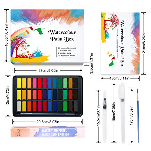 Caja de acuarelas, RATEL set de pintura de acuarelas incluye 36 colores pigmento sólido + 2 plumas de gancho de línea + 2 pinceles para tanque de agua + 10 papeles acuarela,colores acuarela conjunto