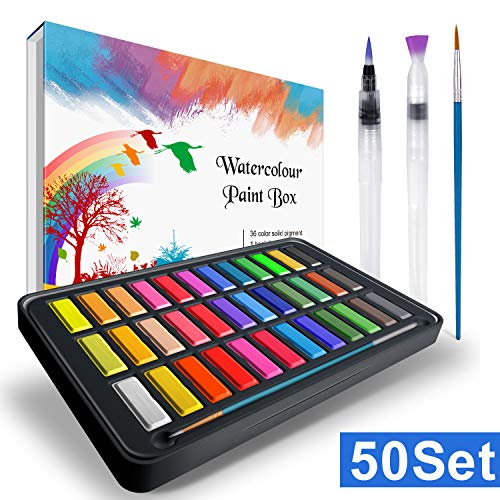 Caja de acuarelas, RATEL set de pintura de acuarelas incluye 36 colores pigmento sólido + 2 plumas de gancho de línea + 2 pinceles para tanque de agua + 10 papeles acuarela,colores acuarela conjunto