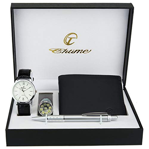 Caja de Regalo Reloj Hombre   Blanco - Lámpara LED - Cuchillo suizo  - Billetera - Bolígrafo