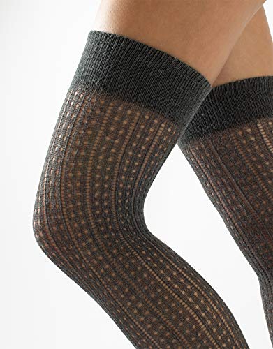 CALCETINES SOBRE LA RODILLA PARA MUJERES Y CHICAS EN ALGODON | MEDIAS ALTAS CALADAS CON DISENO CHEVRON | AZUL, GRIS, NEGRO | 300 DEN | TALLA UNICA | MADE IN ITALY | (Canalé Gris)