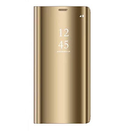 Caler ® Funda Compatible/Reemplazo para Samsung Galaxy J7（2017） Funda, Flip Tapa Libro Carcasa Modelo Fecha y Espejo Brillante tirón del Duro Case,Espejo Soporte Plegable en Reflectante (Oro Dorada)