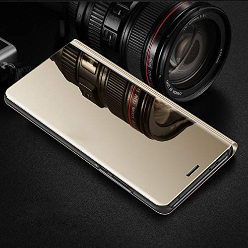 Caler ® Funda Compatible/Reemplazo para Samsung Galaxy J7（2017） Funda, Flip Tapa Libro Carcasa Modelo Fecha y Espejo Brillante tirón del Duro Case,Espejo Soporte Plegable en Reflectante (Oro Dorada)