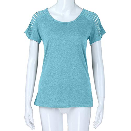 Camisetas Mujer Manga Corta SHOBDW Verano Playa Mar Blusa De Cuello Redondo Sexy Ahuecar Sólido Puro Ajustado Blusa De Hombro FríO Diario Azul Verde Tops para Mujer S-XL(Azul,L)