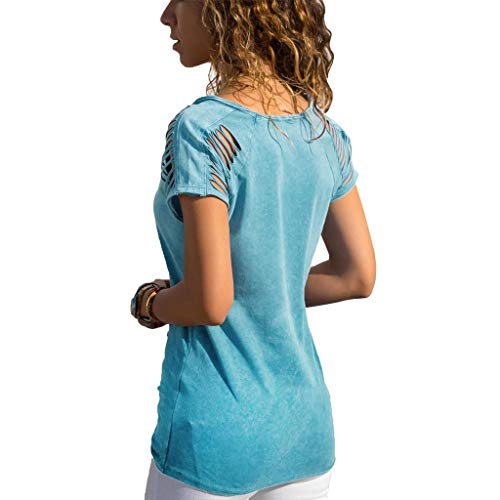 Camisetas Mujer Manga Corta SHOBDW Verano Playa Mar Blusa De Cuello Redondo Sexy Ahuecar Sólido Puro Ajustado Blusa De Hombro FríO Diario Azul Verde Tops para Mujer S-XL(Azul,L)