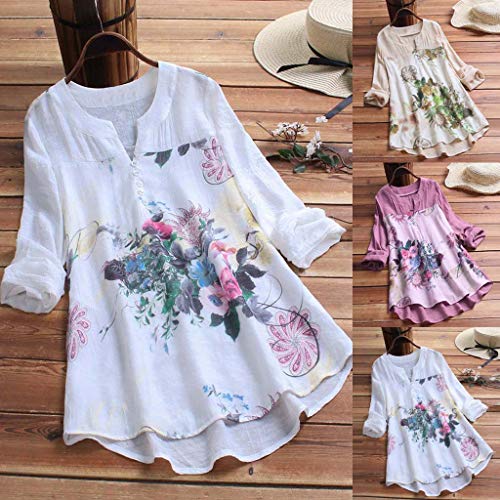 Camisetas Mujer Manga Larga SHOBDW 2019 Nuevo Cuello en V Tops de Túnica Blusas Suelto Estampado Floral Pullover Sexy Casual Verano Camisetas Mujer Tallas Grandes M-5XL(Blanco,5XL)