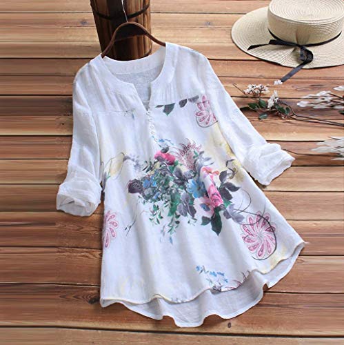 Camisetas Mujer Manga Larga SHOBDW 2019 Nuevo Cuello en V Tops de Túnica Blusas Suelto Estampado Floral Pullover Sexy Casual Verano Camisetas Mujer Tallas Grandes M-5XL(Blanco,L)