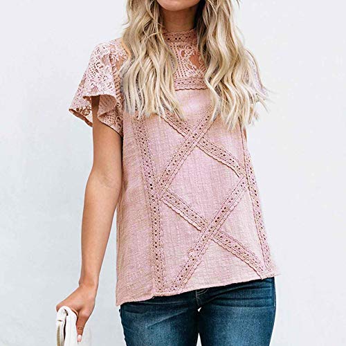 Camisetas Mujer SHOBDW Dia de la Mujer Verano Patchwork De Encaje Casual Ahuecar Volantes Manga Corta Suéter De Cuello De Tortuga Linda Blusa Floral Camiseta Blanca para Mujer (M, Rosa)