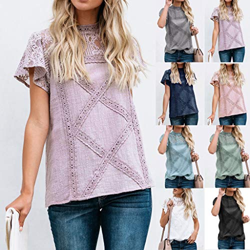 Camisetas Mujer SHOBDW Dia de la Mujer Verano Patchwork De Encaje Casual Ahuecar Volantes Manga Corta Suéter De Cuello De Tortuga Linda Blusa Floral Camiseta Blanca para Mujer (M, Rosa)