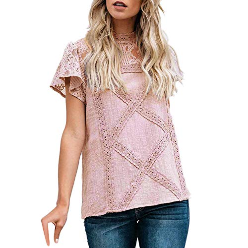 Camisetas Mujer SHOBDW Dia de la Mujer Verano Patchwork De Encaje Casual Ahuecar Volantes Manga Corta Suéter De Cuello De Tortuga Linda Blusa Floral Camiseta Blanca para Mujer (M, Rosa)