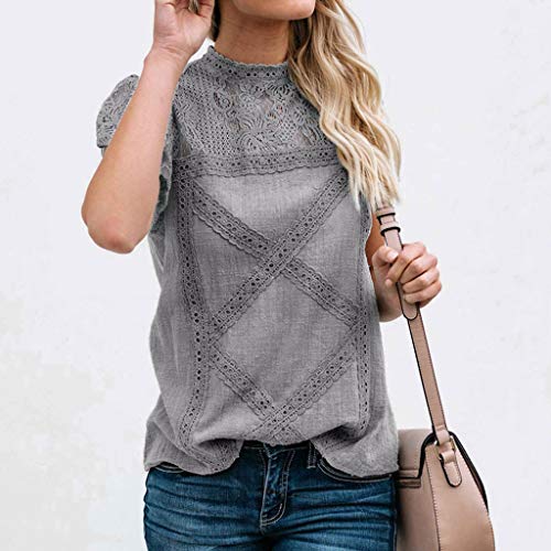 Camisetas Mujer SHOBDW Dia de la Mujer Verano Patchwork De Encaje Casual Ahuecar Volantes Manga Corta Suéter De Cuello De Tortuga Linda Blusa Floral Camiseta Blanca para Mujer (M, Gris)