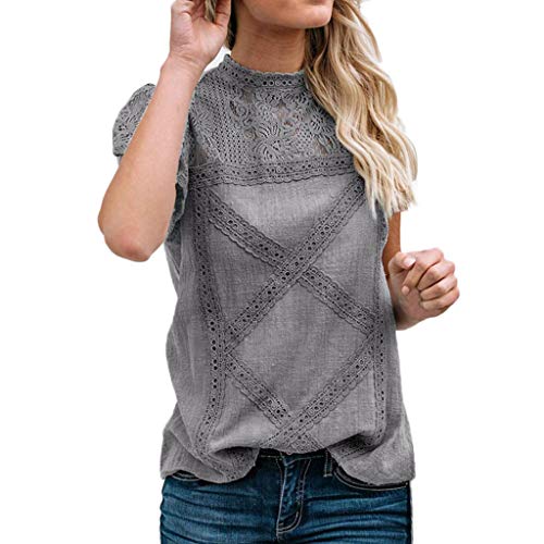 Camisetas Mujer SHOBDW Dia de la Mujer Verano Patchwork De Encaje Casual Ahuecar Volantes Manga Corta Suéter De Cuello De Tortuga Linda Blusa Floral Camiseta Blanca para Mujer (M, Gris)