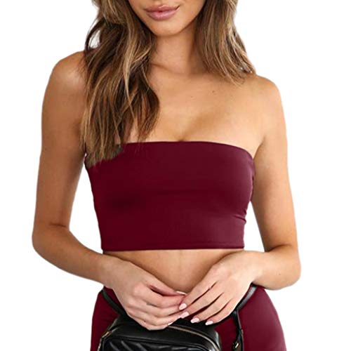 Camisetas Sin Mangas Mujer SHOBDW Verano Playa Mar Casual Crop Top Sexy Camisas De Moda del Chaleco Ajustado Sólido Bandeau Camiseta para Mujer(Vino,S)