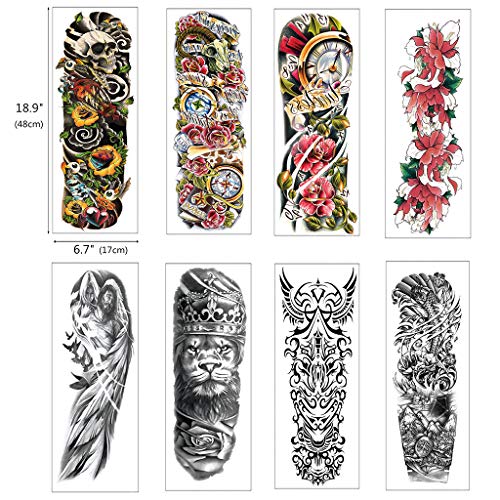 CARGEN® 8 hojas tatuaje temporal del brazo completo del cráneo del león manga del brazo grande tatuaje arte corporal etiqueta engomada del tatuaje para hombre mujer maquillaje