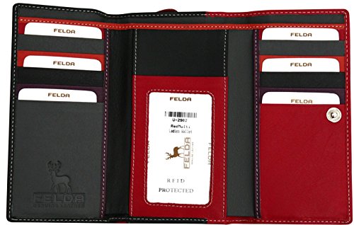 Cartera para Mujer - con Bloqueo de transmisiones RFID y 19 Ranuras para Tarjetas - Cuero auténtico Muy Suave - Rojo y Negro