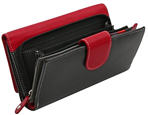 Cartera para Mujer - con Bloqueo de transmisiones RFID y 19 Ranuras para Tarjetas - Cuero auténtico Muy Suave - Rojo y Negro