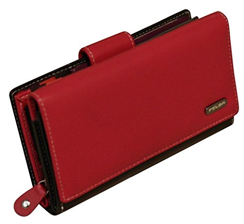 Cartera para Mujer - con Bloqueo de transmisiones RFID y 19 Ranuras para Tarjetas - Cuero auténtico Muy Suave - Rojo y Negro