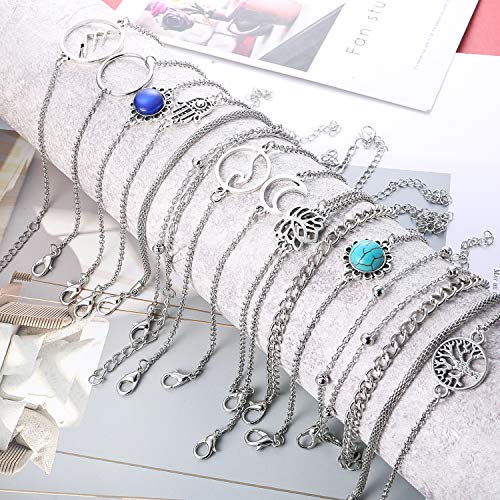 CASSIECA 18Piezas Conjunto de Pulseras Bohemias para Mujeres Niñas Arbol de Vida Luna Cadena Lotus Pulseras Fatima Tobillera Círculo Pulsera Luna Amistad Joyería