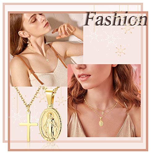 CASSIECA 2 Piezas 14K Chapado en Oro Acero Inoxidable Collar para Hommer Mujer Cruz Colgante Collar Virgen Maria San Cristóbal Collar Joyería Católica Cristiana