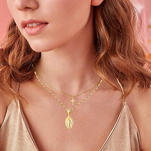 CASSIECA 2 Piezas 14K Chapado en Oro Acero Inoxidable Collar para Hommer Mujer Cruz Colgante Collar Virgen Maria San Cristóbal Collar Joyería Católica Cristiana