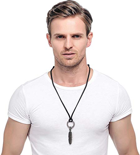 CASSIECA 3-4 PCS Collar de Cuero para Hombres Vintage ala de Angel Collar Colgante Pluma Collar Ajustable