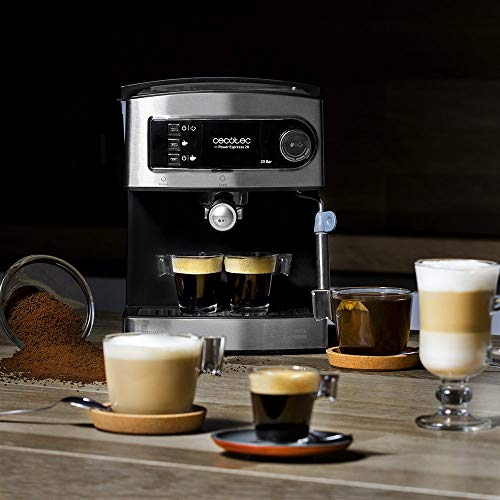 Cecotec Power Espresso 20 - Cafetera Express Manual, 850W, Presión 20 Bares, Depósito de 1,5L, Brazo Doble Salida, Vaporizador, Superficie Calientatazas, Acabados en Acero Inoxidable, Negro/Plata