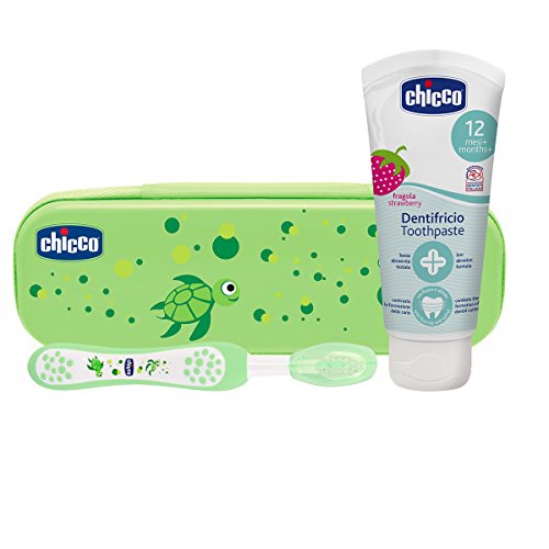 Chicco - Set dental Cepillo de dientes + Pasta Fresa con flúor 12+ m + Neceser Semi rígido color Verde