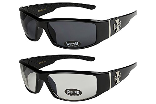 Choppers - Pack de 2 gafas de sol motero unisex hombre mujer moto bici lentes - 1x Modelo 01 (negro brillante / negro tintado) y 1x Modelo 14 (negro brillante / casi transparente) - Modelo 01 + 14 -