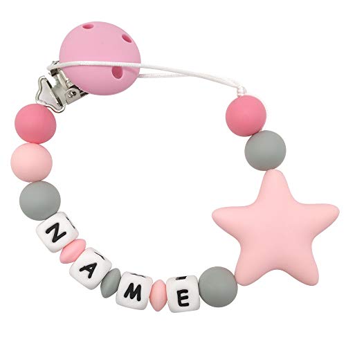 Chupetero Mordedor Personalizado con Nombre Niño Bebe Chupetero Cadena Pinza Silicona Soothie Clip Chupete Chicas (Rosa)