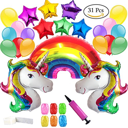 Clerfy Acc Unicornio y Arco Iris Globo de Cumpleaños Kit-de Fiesta de Cumpleaños Feliz Suministros con Globos de Unicornio Banner de Cumpleaños de Arco Iris, Gran Regalo para Niños y Amigo