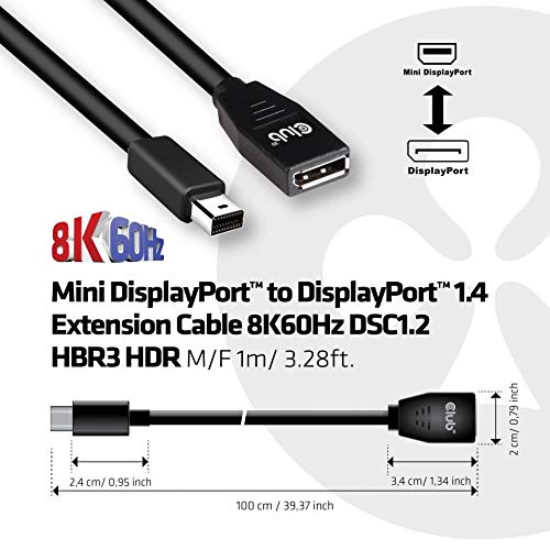 Club 3D Cable de extensión Mini DisplayPortTM a DisplayPortTM 1.4, 8 K60 Hz, DSC1.2 HBR3 HDR St./B. 1 Metro 32AWG.