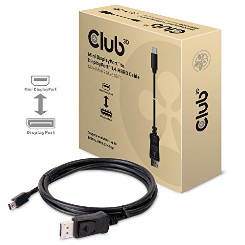 CLUB3D Mini DisplayPort to DisplayPort 1.4 HBR3 8K60Hz Cable, 2 Meter / 6.56 Feet - Cables displayport (2 Meter / 6.56 Feet, 2 m, Mini Displayport, Displayport, Macho, Macho, Oro)