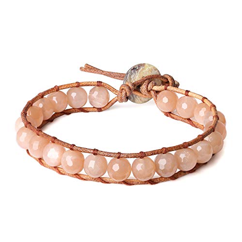 COAI® Pulsera Ajustable Hecha a Mano de Piedra del Sol Cuenta Mala con Cuero