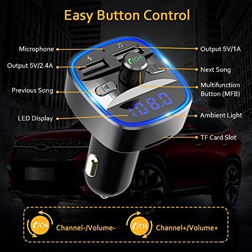 Cocoda Transmisor FM Bluetooth, [Luz de Anillo Azul] Manos Libres para Coche, Inalámbrico Reproductor MP3 Mechero Coche Adaptador Receptor con Dual USB 5V/2.4A & 1A, Soporte Tarjetas SD + U Disk