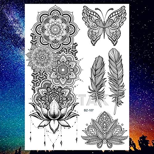 COKTAK 6 Hojas Único Negro Pegatinas de Tatuaje Temporal Para Mujeres Adultos Chicas Pluma Mandala Flor Grande Grande Brazo Tatuajes de Encaje Indio Búho Sexy Boda Tattoos Flores