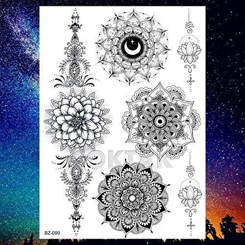 COKTAK 6 Hojas Único Negro Pegatinas de Tatuaje Temporal Para Mujeres Adultos Chicas Pluma Mandala Flor Grande Grande Brazo Tatuajes de Encaje Indio Búho Sexy Boda Tattoos Flores