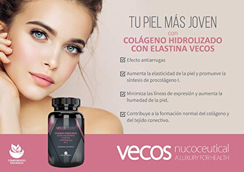 Colágeno hidrolizado Vecos para la buena salud e hidratación de la piel – Elastina, ácido hialurónico, coenzima Q10 y vitamina C para mejorar la elasticidad de la piel – 100 cápsulas vegetales