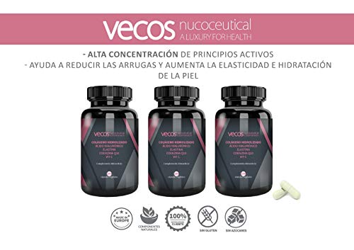 Colágeno hidrolizado Vecos para la buena salud e hidratación de la piel – Elastina, ácido hialurónico, coenzima Q10 y vitamina C para mejorar la elasticidad de la piel – 100 cápsulas vegetales