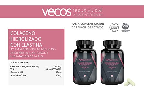 Colágeno hidrolizado Vecos para la buena salud e hidratación de la piel – Elastina, ácido hialurónico, coenzima Q10 y vitamina C para mejorar la elasticidad de la piel – 100 cápsulas vegetales