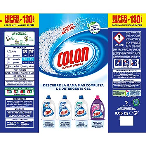 Colon Polvo Activo - Detergente para lavadora, adecuado para ropa blanca y de color, formato polvo - 130 dosis