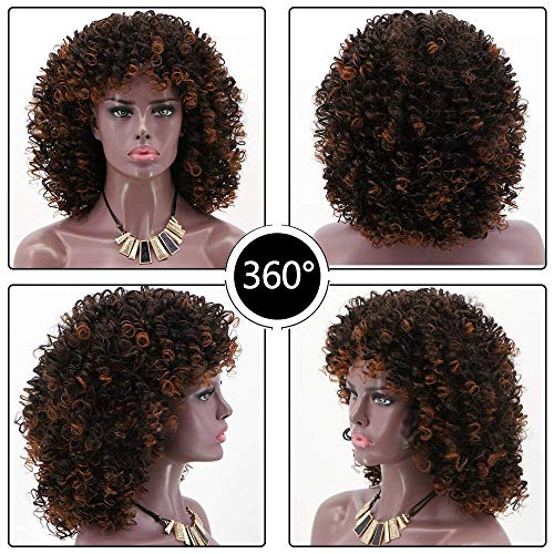 ColorfulPanda Afro Pelucas de pelo rizado para mujer negra, pelo natural negro marrón mezclado, pelucas brasileña de pelo sintéticas onduladas con Flequillo de Para Mujeres Fiesta Halloween Disfraz