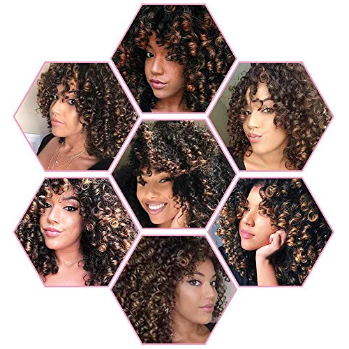 ColorfulPanda Afro Pelucas de pelo rizado para mujer negra, pelo natural negro marrón mezclado, pelucas brasileña de pelo sintéticas onduladas con Flequillo de Para Mujeres Fiesta Halloween Disfraz