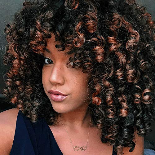 ColorfulPanda Afro Pelucas de pelo rizado para mujer negra, pelo natural negro marrón mezclado, pelucas brasileña de pelo sintéticas onduladas con Flequillo de Para Mujeres Fiesta Halloween Disfraz