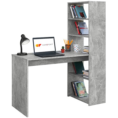 COMIFORT Escritorio con Estantería - Mesa de Estudio con Librería de Estructura Firme, Moderna y Minimalista con 4 Baldas Espaciosas y de Gran Capacidad, Color Stone