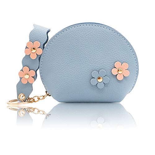 Conisy Pequeña Monedero de Piel con Llavero,Moda Mini Bolsas de Monedas con Cremallera para Mujeres y niñas (Flor,Azul)